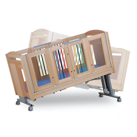 The Mascot Mk2 in a raised position, demonstrating its height-adjustable feature for caregiver convenience.