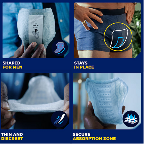 A close-up image of the TENA Men Active Fit Absorbent Protector, showcasing its soft, cup-shaped design, thin profile, and adhesive strip for secure placement in men's underwear.
