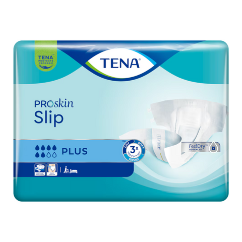 A neatly stacked pack of TENA Slip Plus with clear labeling, highlighting the key features such as ConfioAir, Odour Neutralizer, and wetness indicator.