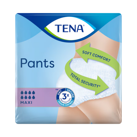 A pack of TENA Pants Maxi unisex protective underwear, featuring key benefits like Triple Protection, Dual Absorption Zone, and breathable soft materials.