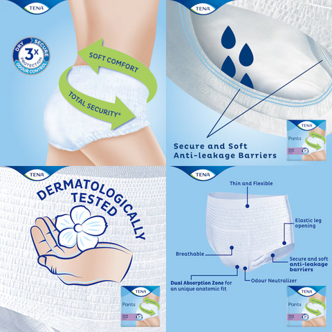 A detailed image of TENA Pants Maxi, showing its pull-up underwear-like design, breathable fabric, and secure fit for comfort.