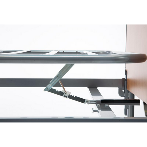 Side view of bed platform showing ergonomic sectioning and adjustability.