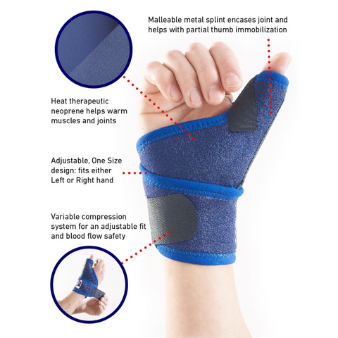 Person wearing thumb brace during daily activity, demonstrating free finger movement.