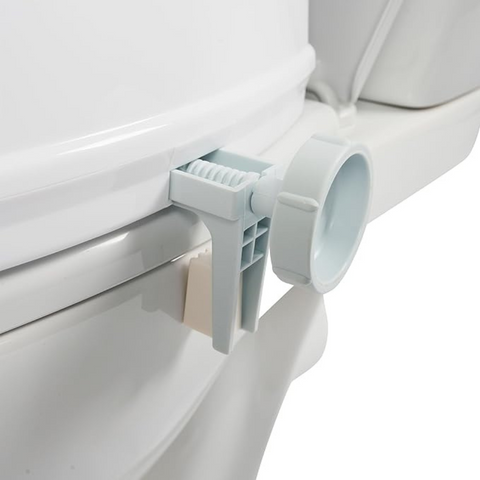 Close up image of the toilet seat raisers with adjustable brackets, which are on both sides of the toilet raiser seat.
