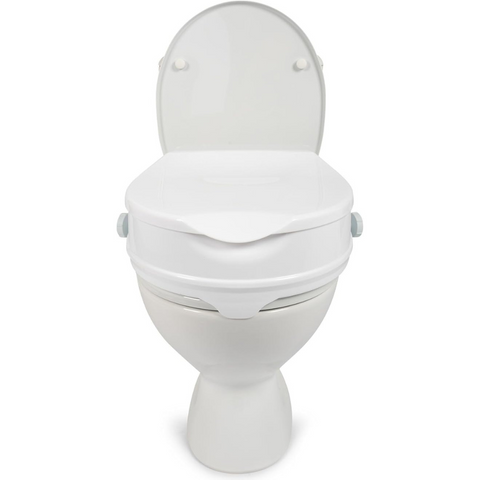 Toilet seat raiser with lid closed for hygiene purposes. It is easy to clean with the ergonomic design.