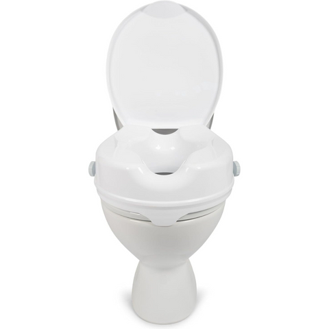 Toilet seat raiser with lid front view, easy to install and remove on any toilet with the adjustable brackets and retaining lip for stability.