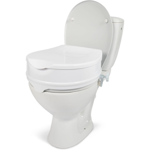 Toilet seat raiser with lid side view of the four inch option. Lightweight yet durable materiel made from abs recyclable plastic.