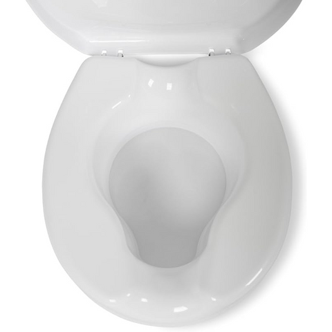 Toilet seat raiser with lid has while a front buffer enhances in-situ stability, reducing tipping. 