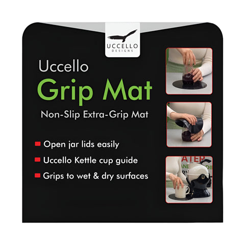 The cover of the uccello grip mat which states that it is a non slip extra grip mat. It opens jar lids easily, it acts as a uccello kettle cup guide and it grips to wet anddry surfaces.
