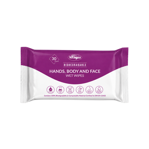 NifQuara Hands, Body and Face Wet Wipes packaging, featuring a purple and white wrapper. 