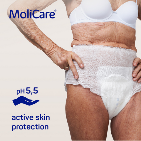 Image of a woman wearing MoliCare Premium Mobile 6-Drop Incontinence Pants. The pants are discreet, comfortable, and provide effective protection for moderate incontinence.