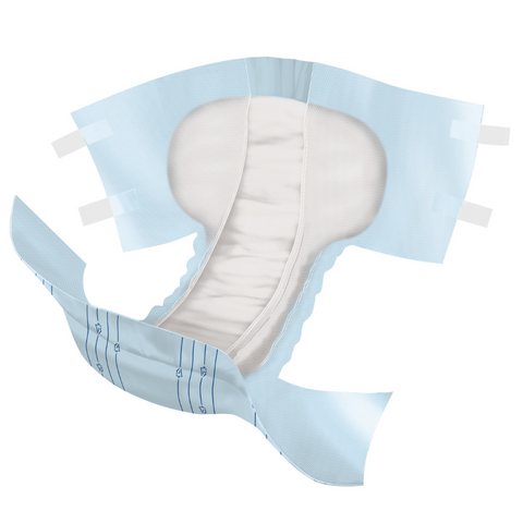Close up image of the molicare slip in 9 drops. This is a unisex design and is suitable for urinary and faecal incontinence. It has soft and a contoured fit designed to stay secure on the body.
The Blue Polyethylene (PE) Backing offers a secure retention and a dry feeling.