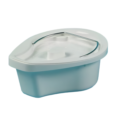 Image of the replacement commode pot and lid which features a locking system and handle for easy transportation.