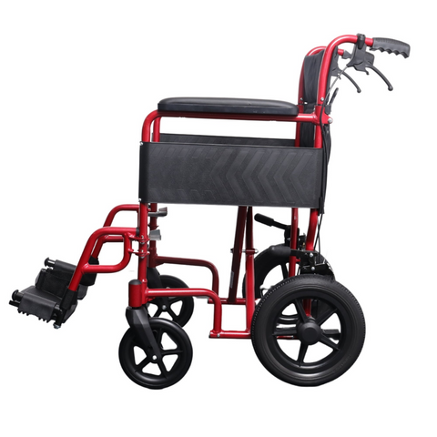 Side view of the i-Lite Travel Transit Wheelchair with footrests removed for easy transport.