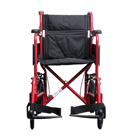 Close-up of the sleek, modern metallic red finish on the i-Lite Travel Transit Wheelchair.