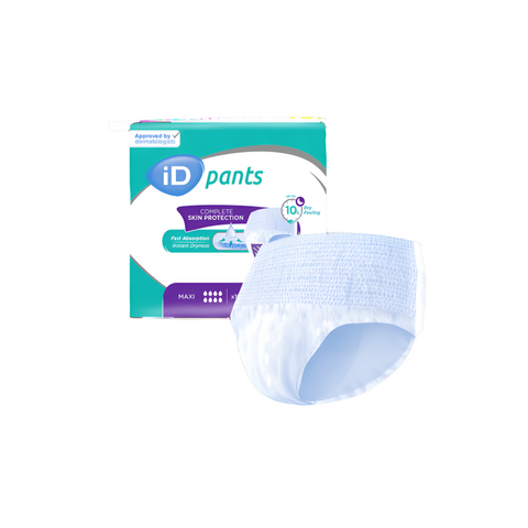 iD Pants Maxi pull-up briefs designed for heavy incontinence, offering up to 10 hours of dryness with fast absorption and odour control, featuring a soft cotton-feel back sheet for comfort and discretion