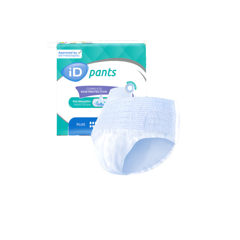 iD Pants Plus pull-up briefs designed for managing moderate to heavy urinary incontinence, featuring an elasticated waist for easy use, a cotton-feel back sheet for comfort, and strong absorbency for reliable protection throughout the day or night.
