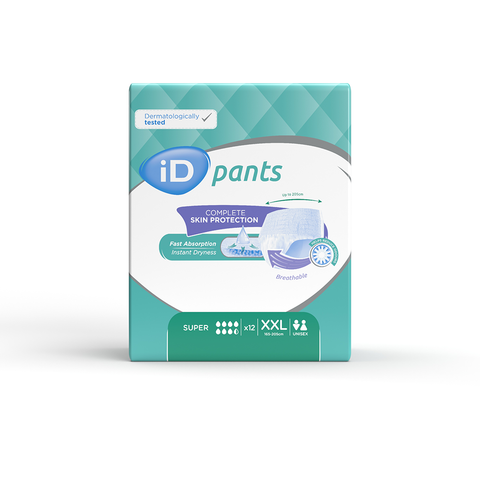 iD Fully Elasticated Pull Up Pants Super, offering high absorbency for heavy leaks, with anti-leakage protection, soft fabric for comfort, and elasticated zones for a secure fit, available in multiple sizes for a discreet and confident solution.