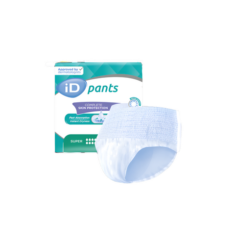 iD Fully Elasticated Pull Up Pants with Super absorbency, designed for heavy incontinence, featuring an elasticated waist, soft cotton-feel back sheet, and odour control for reliable protection and comfort throughout the day.