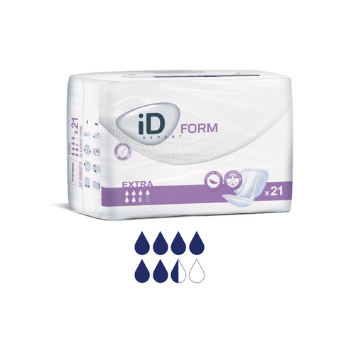 A pack of iD Form Large Shaped Pads, containing 21 pads. The packaging features the iD logo, absorbency level, and key product benefits. The pack is securely sealed for hygiene and convenience.