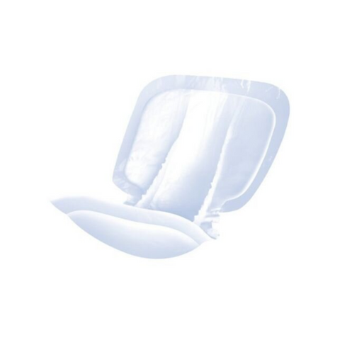 A detailed close-up of an iD Form Large Shaped Pad, highlighting its contoured design, soft cotton-feel back sheet, anti-leak cuffs, and absorbent core. The wetness indicator is also visible for easy monitoring