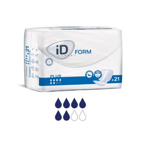 A pack of iD Form Large Shaped Pads - Plus, containing 21 pads. The packaging clearly displays the iD logo, absorbency level, and key product benefits. The pack is sealed for hygiene and convenience.