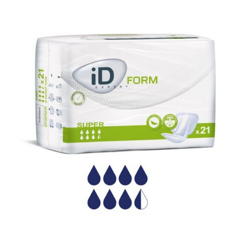 A pack of iD Form Large Shaped Pads - Super, containing 21 pads. The packaging is designed with a clean and professional look, featuring the iD logo, absorbency level, and key product benefits. The pack is sealed for hygiene and convenience.