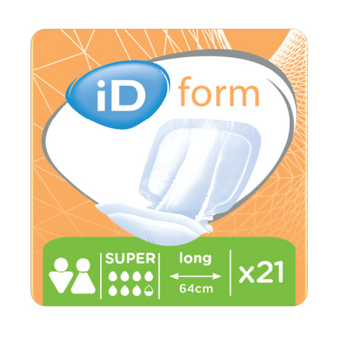 iD Form Super Extra Long unisex incontinence pads, designed for fast absorption and ultimate dryness. Features anti-leak cuffs, odour control, and a double wetness indicator. Pack of 21.