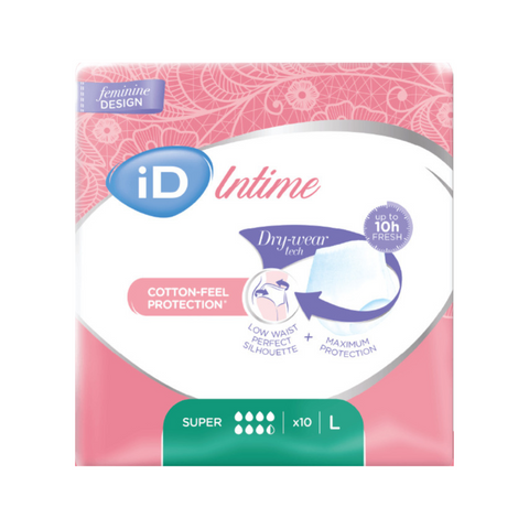 iD Intime Super pants provide discreet, reliable protection with a low-waist design, offering up to 8 times absorbency and 10 hours of odor control.
