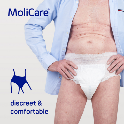 Image of a man wearing MoliCare Premium Mobile 6-Drop Incontinence Pants. These unisex pants are designed for comfort and discreet protection, ideal for moderate incontinence.