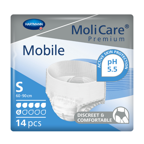 Image of Moli Care Premium Mobile 6-Drop Incontinence Pants size Small. The pants feature a three-layer absorbent core for moisture absorption and odour neutralization.