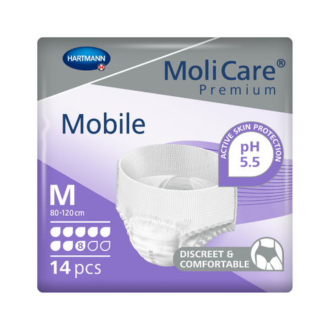 MoliCare Premium Mobile 8 Drops size Medium designed for waist measurements of 31 47 inches 80 120cm demonstrating the comfortable and reliable fit.