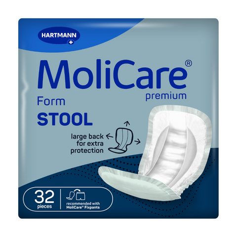 Packaging of MoliCare Premium Form Stool pads, with a pack containing 32 pads, designed for discreet and reliable protection for faecal incontinence.