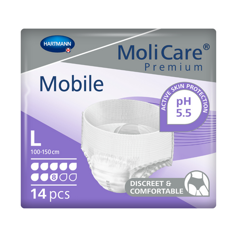 MoliCare Premium Mobile 8 Drops size Large, designed for waist measurements of 39-59 inches 100-150cm, offering a secure and comfortable fit.