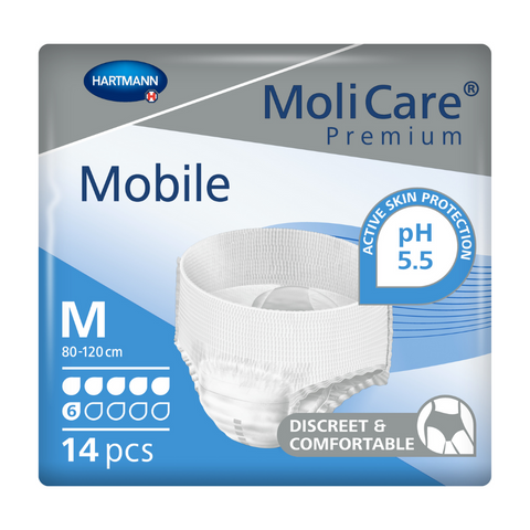 Image of Moli Care Premium Mobile 6-Drop Incontinence Pants size Medium. The pants feature a three-layer absorbent core for moisture absorption and odour neutralization.