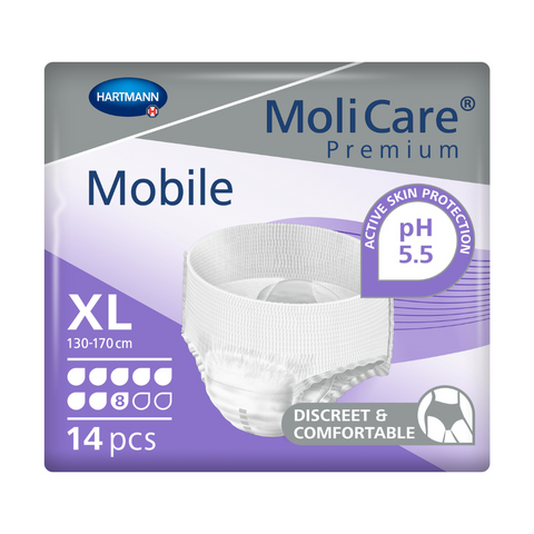 MoliCare Premium Mobile 8 Drops size Extra Large, designed for waist measurements of 51-67 inches 130-170cm, providing a comfortable and discreet fit for larger sizes
