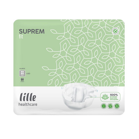 Image of the product packaging of the suprem fit by Lille.  Lille Suprem Fit all-in-one incontinence product, featuring repositionable tabs, ultra-soft material, and breathable design for reliable comfort and protection.