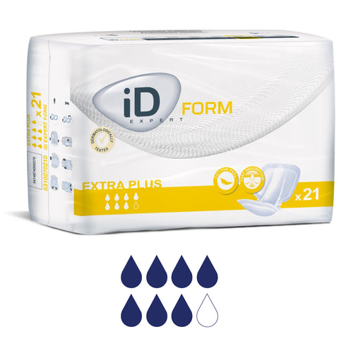 A yellow box of 21 large shaped continence pads extra plus, ideal as adult diapers or adult nappies.