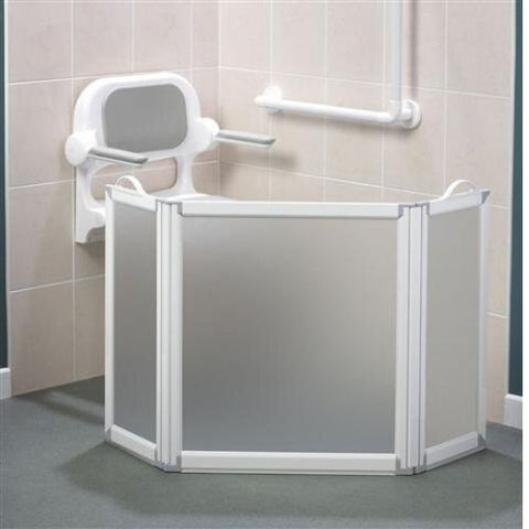 this shower screen can be used while washing wheelchair patients as it gives privacy and keeps water contained to shower area.