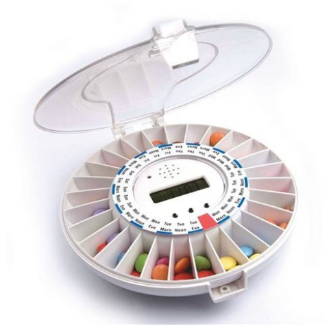 Medelert is fully automatic pill dispenser with a lockable lid and timed release of medication.